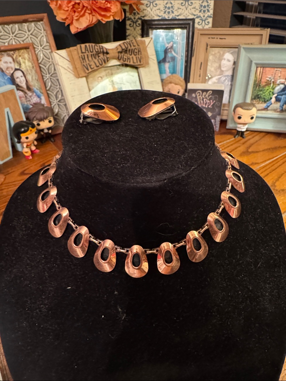 Vintage MCM Renoir Honeybear Cooper and Black Enamel Necklace Earrings Set